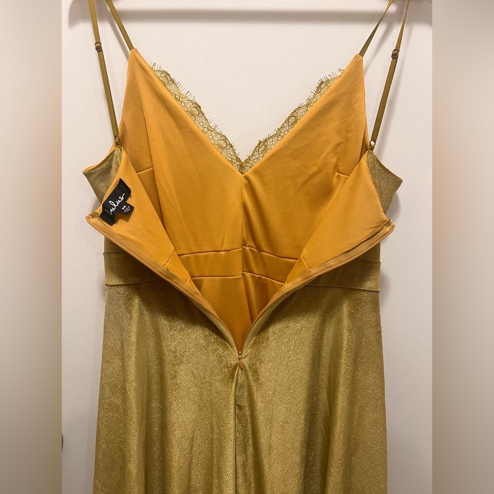 Lulus Gold Velour Mini Dress Y2K Lace Trim spring wedding guest dress - Picture 6 of 8